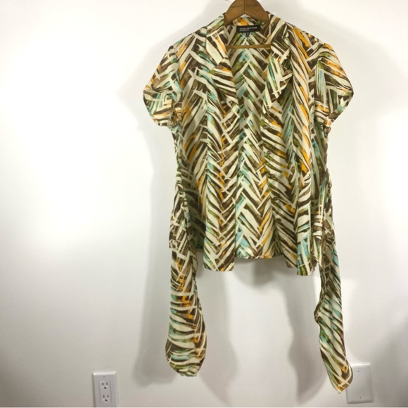 Silk Summer Tie Front Blouse Cap Sleeve Abstract Print Aqua Orange Brown… - Picture 4 of 8